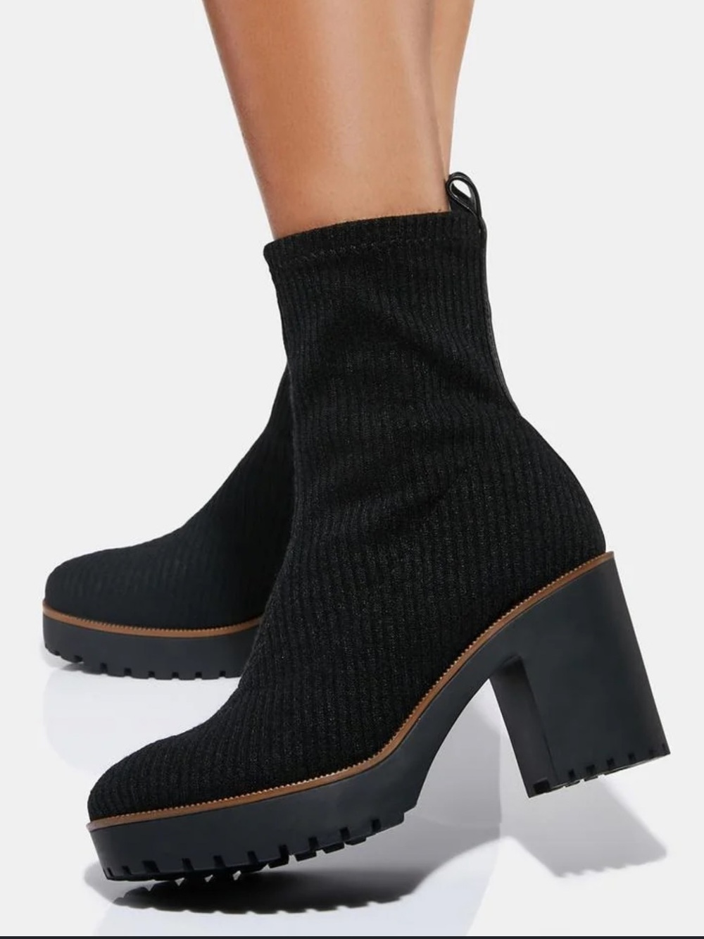Chinese Laundry Garvey Black Knit Lug-Sole Block Heel Ankle Boots Size 7.5